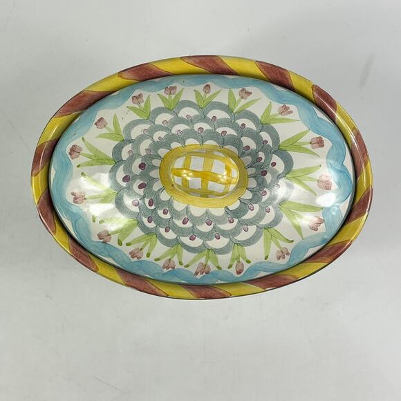 Vintage MacKenzie-Childs King Ferry Chowder Bowl With Lid 7"x5"x5" Terracotta - Picture 4 of 16